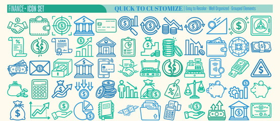Flat design close up finance icon set with blue and green line icons showing banking wallets coins charts cards and transactions