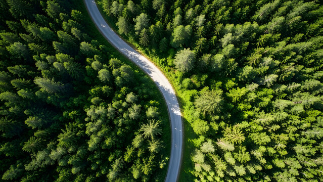 Aerial view of winding road through dense forest transport infrastructure