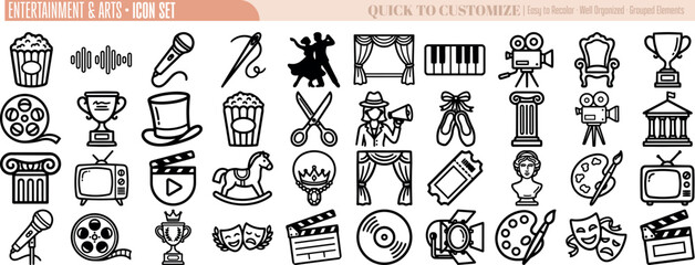 Line art entertainment and arts outline icon set close up horizontal layout theater film music trophy mask stage curtain applause