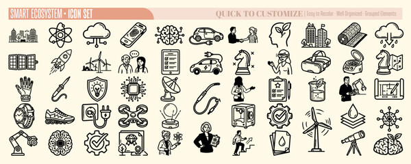 Flat design line art smart ecosystem icon set displaying assorted technology and sustainability icons in horizontal layout with beige background