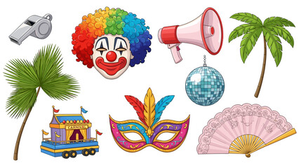 A colorful vector illustration of various carnival and party icons on a