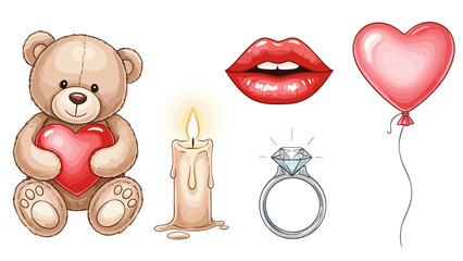 A romantic vector graphic illustration of Valentine's Day symbols and icons on a