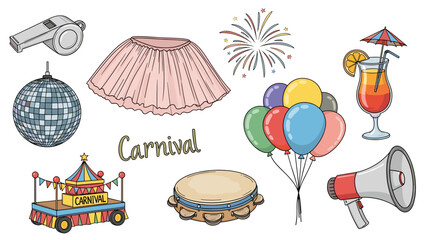 A colorful illustration of various carnival objects and symbols on a