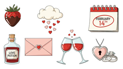 A vector graphic illustration of Valentine's Day symbols and icons in a flat minimal design style