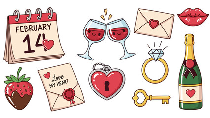 A colorful Valentine's Day themed vector graphic illustration with various romantic symbols and icons.
