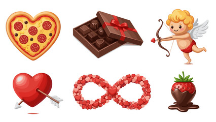A set of cute Valentine's Day icons including pizza, chocolate, cupid, heart, and infinity symbol
