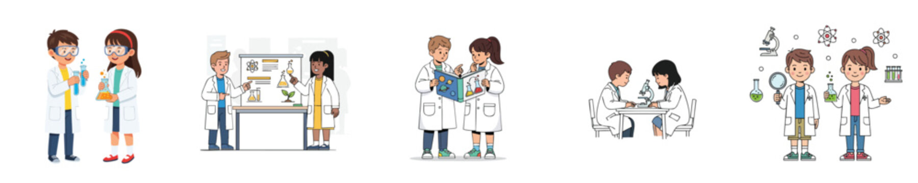 Cute Kids Scientist Team Flat Vector Characters For Science Education Learning