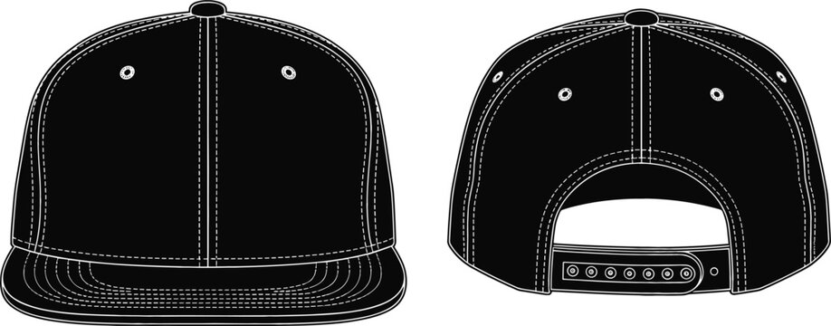 Blank black snapback baseball cap mockup set with front and back views for apparel design branding and custom merchandise