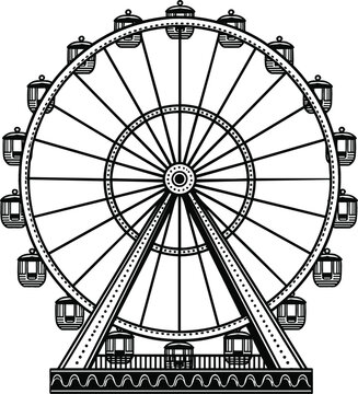 Detailed Ferris wheel vector illustration in black and white line art style for amusement park carnival and travel theme