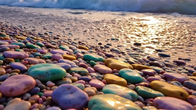 Colorful pebbles on a beach at sunset