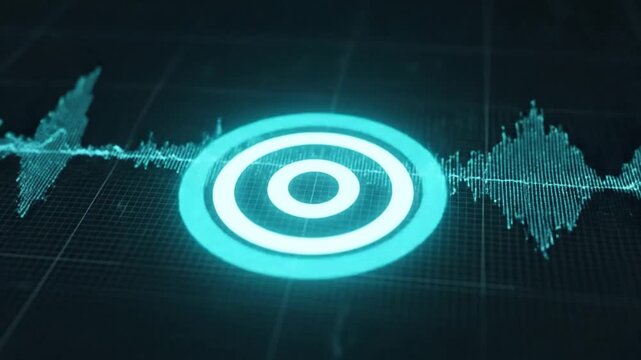 Digital audio waveform with glowing target icon on dark background, sound visualization
