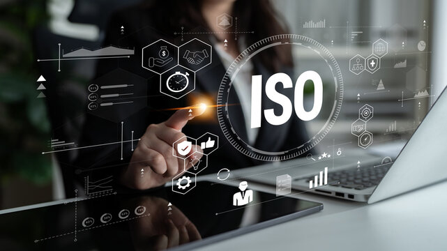 The concept of ISO certification for international quality management standards. A system for ensuring business process quality, efficiency, and compliance. Motif