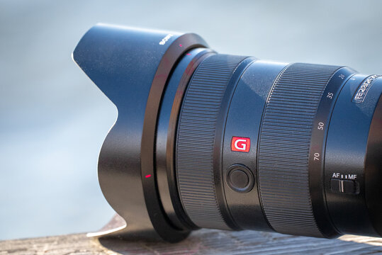 Sony camera lens close up G Master 24-70 outside on a sunny day
