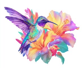Obraz premium A vibrant watercolor painting of a hummingbird in flight, near colorful tropical flowers