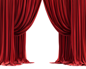 Red velvet theatrical stage curtains with elegant drape, isolated on white, png
