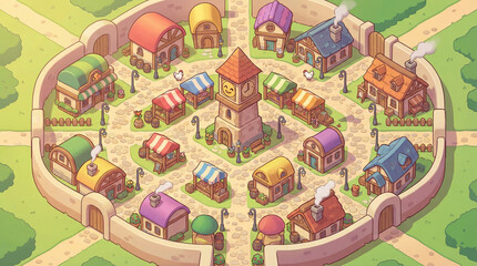 Obraz premium Cute Vibrant Isometric Fantasy [The Clock Village] Battle Map - Tabletop RPG Adventure Grid
