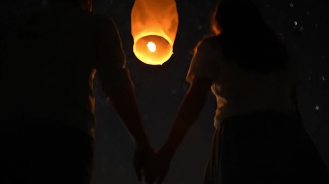 Couple releasing lanterns at night romantic setting ai generated generative ai art starry sky viewpoint