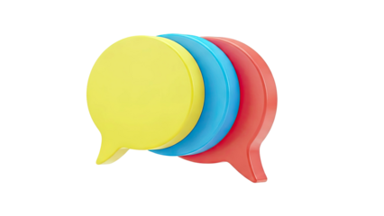 Three overlapping colorful speech bubbles: yellow, blue, red