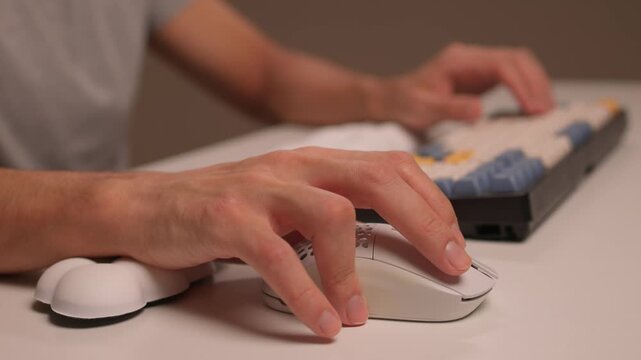Keyboard setup showcase, Ergonomic mechanical keyboard display, Closeup of tactile switches on custom keyboard, Designer testing pastel keycaps with ergonomic wrist cushion setup