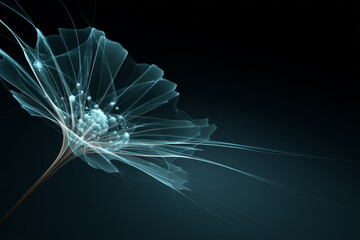 Ethereal translucent flower illustration with delicate petals and luminous details, set against a dark background, showcasing beauty and elegance in nature's design