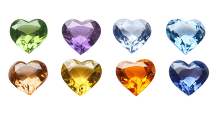 Colorful heart-shaped gemstones, valentine's day decorations, jewelry designs, isolated on transparent background