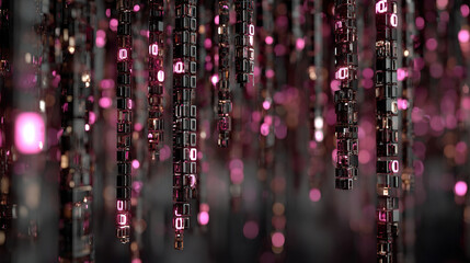 Digital data streams with glowing pink binary code and cascading light effects.