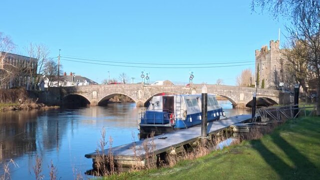ireland epic Locations Athy Kildare river Barrow in winter barge bridge and castle