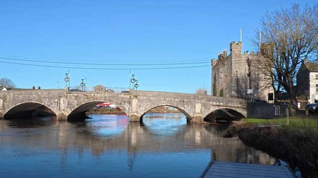 Ireland epic Locations Athy Kildare bridge over the River Barrow with castle and blue sky