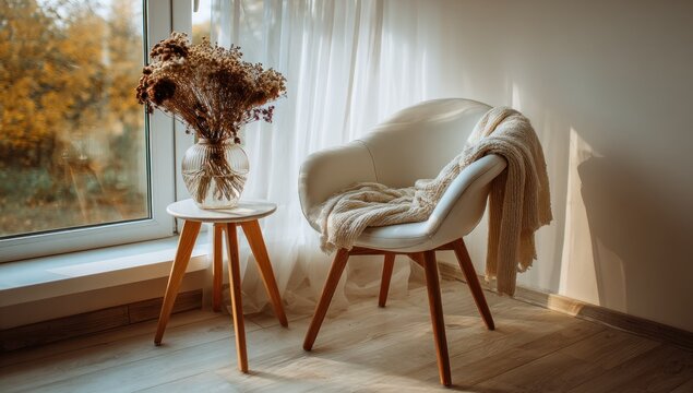 Cozy indoor scene featuring a white chair, side table, dried flowers, and window with natural light