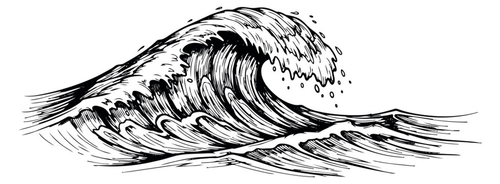 Hand drawn line art illustration of ocean wave depicting crashing with spray for marine and surf designs