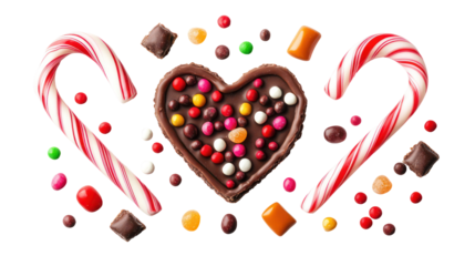 Valentine's day chocolate heart with candy canes and sweets