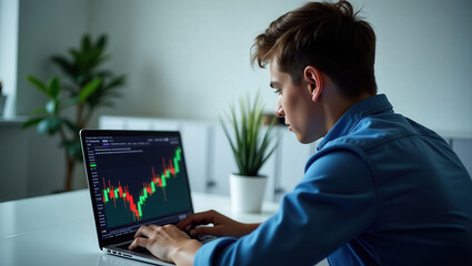 Young man analyzing stock market data on laptop with candlestick chart in modern office setting