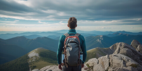 Backpacker standing on rocky mountain peak overlooking vast mountain range under cloudy sky