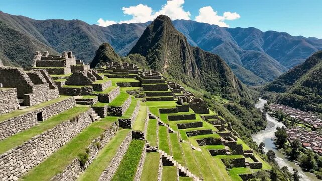 Machu Picchu Ancient Inca City In The Andes Mountains, Peru aerial view