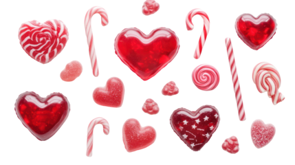 Valentine's day sweet treats: red hearts, candies, and lollipops on transparent background