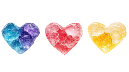 Colorful valentine hearts, crystal love symbols, isolated on transparent background