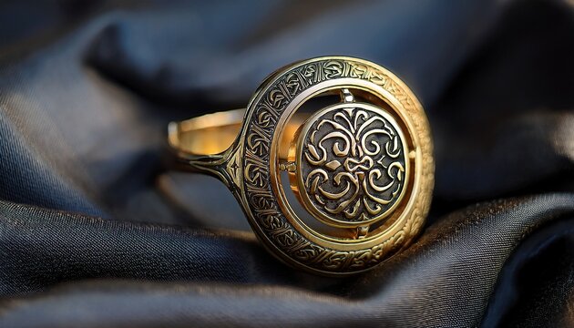 ornate golden signet ring featuring ancient symbols rests upon dark draped fabric