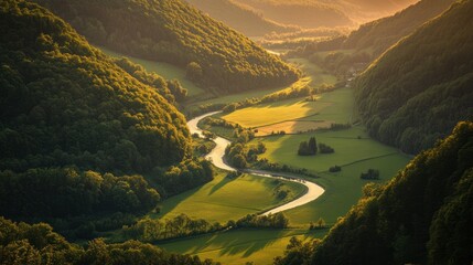Serene Sunset Valley: A River's Golden Path