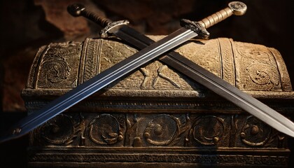 two metallic swords rest atop an ancient carved stone sarcophagus in dim light