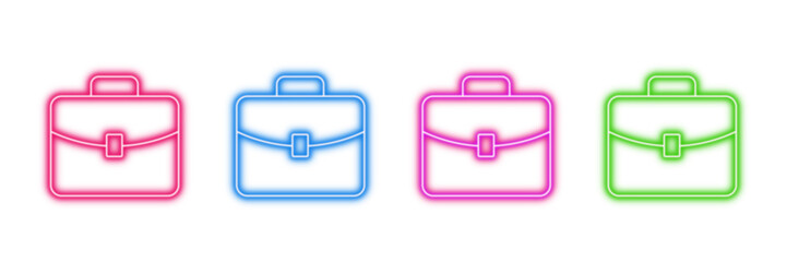 Neon glowing briefcase vector icons set, business, work, office, professional, corporate, finance, vibrant colorful digital design on transparent background.