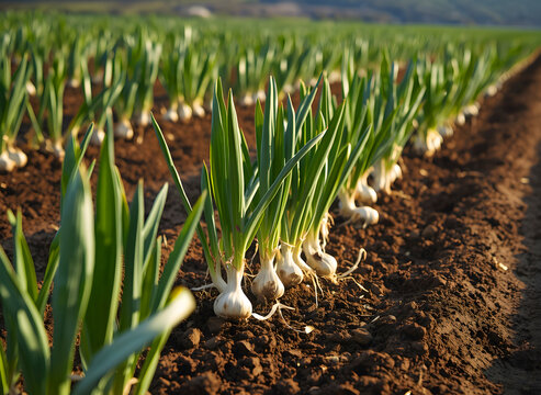 Garlic Plants Growing in Rows in Fertile Agricultural Soil