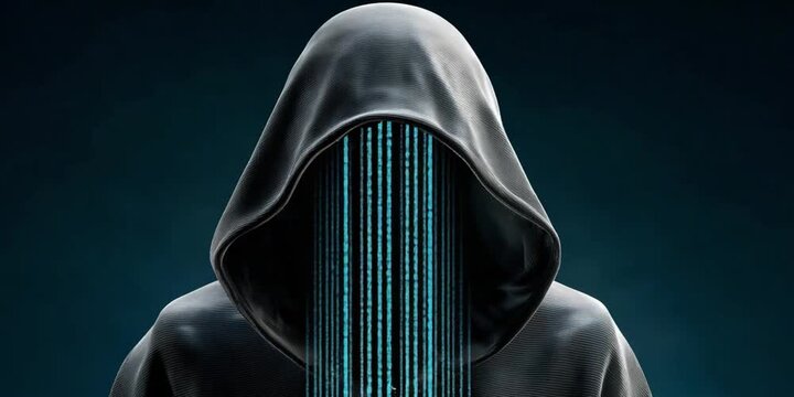 Cybersecurity Enigma: The mysterious figure in a dark hood represents the hidden world of cybersecurity, digital threads stream to head revealing code.
