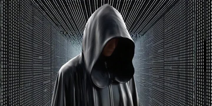 Cloaked in Shadows: A figure draped in a hooded cloak stands in a futuristic, technology-inspired corridor, their identity obscured, creating an atmosphere of mystery and intrigue.