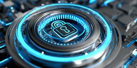 Cyber Security Fortress: A captivating digital depiction of a secure lock, glowing with a bright blue hue, representing a robust fortress of cyber security in the digital landscape.