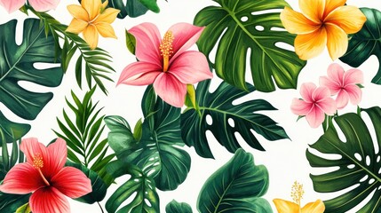 Vibrant Tropical Floral Paradise: A Lush Tapestry of Hibiscus, Monstera, and Palm Leaves
