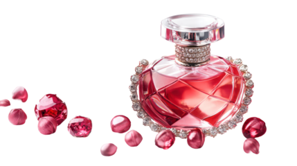 Elegant red perfume bottle with jewels, valentine's day concept, isolated on transparent background