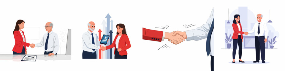 Fototapeta premium Professional handshakes between a businesswoman and an older colleague or client, illustrating partnership, successful negotiations, business agreement, contract signing, and corporate success.