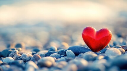 Red heart on a rocky beach at sunset
