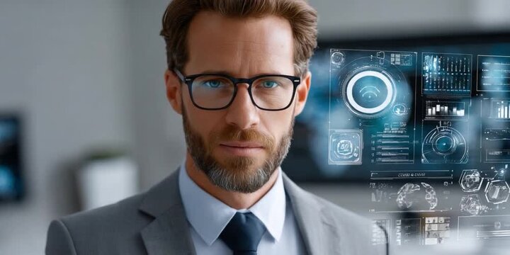 The Modern Visionary: A sharp dressed, bespectacled professional with focused gaze and a determined demeanor stands confidently before futuristic displays.