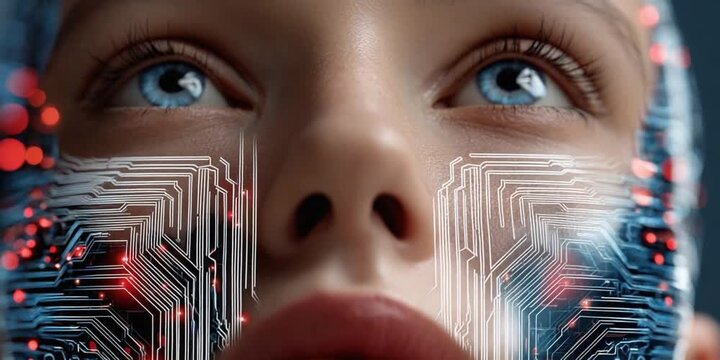 Digital skin: the human form of the future, with integrated digital technology etched on the skin's surface, reflecting a seamless integration of human and machine